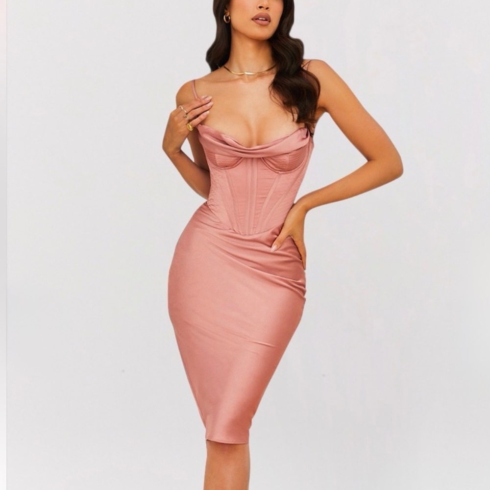 House of CB NWT Myrna Satin Midi Corset Slip Dress Dusty Pink Formal Small (P1)
